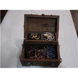 WOODEN JEWELRY BOX W/ NAIL HEAD ACCENTS W/ CONTENTS