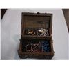 Image 1 : WOODEN JEWELRY BOX W/ NAIL HEAD ACCENTS W/ CONTENTS