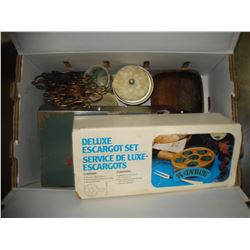 MISC BOX OF HOUSEHOLD ITEMS W/ GREEN METAL BOX