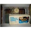 Image 1 : MISC BOX OF HOUSEHOLD ITEMS W/ GREEN METAL BOX