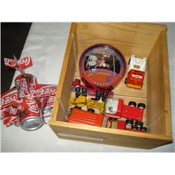 COCA-COLA PLANE AND WOOD BOX OF TOYS