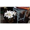Image 2 : PAINTED BLUE SIDE TABLE W/ GLASS VASE W/ FLOWERS AND 2 EMBROIDERED STOCKINGS