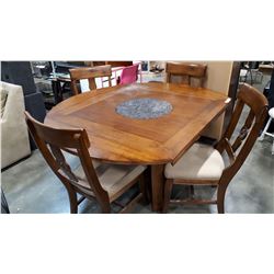 MODERN DINING TABLE W/ BUILT IN STONE LAZY SUZAN, FLIPOUT LEAFS, AND 4 CHAIRS