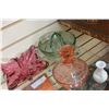 Image 1 : DEPRESSION GREEN GLASS, RUBY GLASS AND ETCHED AMBER DRESSER DISH AND MILK GLASS