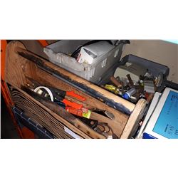 WOOD TOOL TRAY WITH HARDWARE AND 2 TOTES OF SHOP SUPPLIES