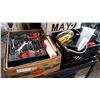 Image 1 : BOX OF TOOLS AND CRATE OF CLEANING SUPPLIES AND EXTENTION CORD