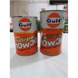 2 OIL TINS, GULF MULTI GRADE 10W30, (1 LITRE CARDBOARD & 1.14 LITRE TIN) *SOME DENTS*