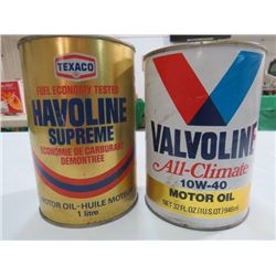 2 OIL TINS 10W40 1 LITER TEXACO HAVOLINE TIN, 1 US QT VALVOLINE ALL CLIMATE CARDBOARD