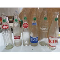 6 POP BOTTLES, DBL COLA, STUBBY, MISSION, PUSHALS, KIK