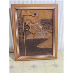 CARVED WOODEN GOLF PICTURE, KIM MURRAY 19.5X15.5