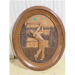 CARVED WOODEN GOLF PICTURE, KIM MURRAY OVAL 16.5X20