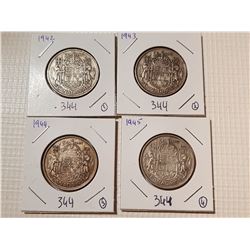 CANADA WAR TIME 50 CENT COINS, (1942, 43, 44, 45)
