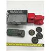 Image 2 : 2 TOY TRUCKS & STRUCTO LOADER, (EXTRA WHEELS), *NOT ORIGINAL WHEELS ON TRUCKS*