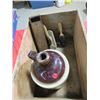 Image 1 : WOOD BOX W/*CRACKED* 1 GAL JUG, SHOE BRUSHES, WOOD PENCIL BOX