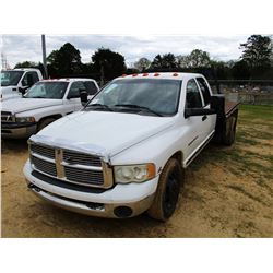 2002 DODGE RAM 3500 FLATBED TRUCK, VIN/SN:3B7MC33C22M283016 - EXT CAB, CUMMINS DIESEL ENGINE, 6 SPEE
