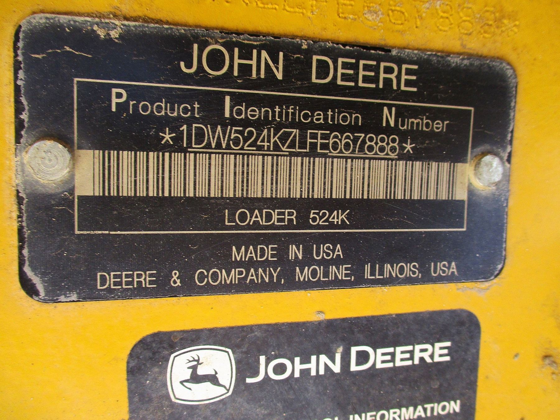 2015 JOHN DEERE 524K WHEEL LOADER, VIN/SN667888 COUPLER, BUCKET