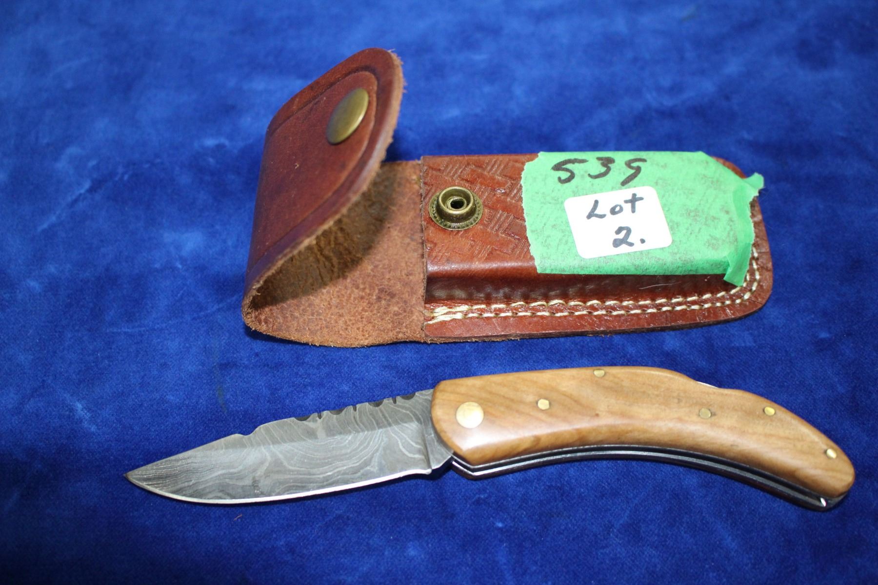 3" Damascus Lockback Knife;Wood Handle; Belt Sheath