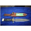 Image 1 : 8" Damascus with Dagger-Like Blade; Brass Guard; Micarta & Bone Handle; Leather Sheath