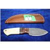 Image 1 : 3" Damascus Knife; Wood, Brass & Bone Handle; Leather Sheath