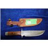 Image 1 : 7 1/4" Damascus Knife; Damascus Guard & Pommel; Wood Handle w/Brass Pins; Leather Sheath
