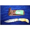Image 1 : 3 1/4" Damascus Folding Lockback Knife; Bone & Brass Handle; Leather Belt Sheath