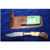 Image 1 : 3" Damascus Folding Lockback Knife; Bone & Wood Handle; Brass Pins; Leather Belt Sheath