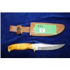 Image 1 : 5 1/2" Damascus Knife; Brass Guard; Bone & Brass Handle; Leather Sheath
