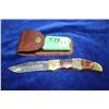 Image 1 : 4" Damascus Folding Knife; Brass, Bone & Wood Handle; Leather Belt Sheath (Not Lockback)