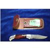 Image 1 : 3 1/4" Damascus Folding Lockback Knife; Dyed Bone Handle; Leather Belt Sheath