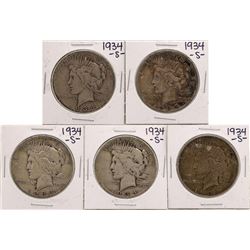 Lot of (5) 1934-S $1 Peace Silver Dollar Coins