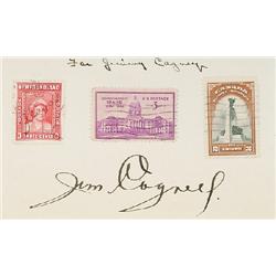 Cagney, James (1899-1986), A group of three postage stamps underneath which James Cagney has si...
