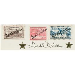 Drillon, Gordie, A group of three postage stamps from Canada, Ecuador and France all signed by...