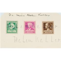 Keller, Helen (1880-1968), A group of three American postage stamps hinged onto card and signed...