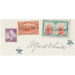 Smith, Alfred E. (1873-1944), A group of three postage stamps two signed by Smith and then sign...