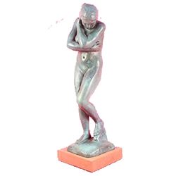 Shy Nude Girl Bronze Statue With Green Patina