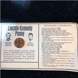 Lincoln-Kennedy Penny Uncirculated Lincoln Penny stamped with a profile of John F Kennedy