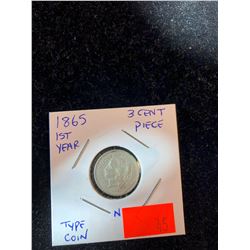 1865 1st Year 3 Cent Piece Type Coin