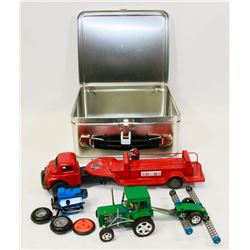 LUNCH BOX WITH TOY TRACTOR AND VINTAGE FIRETRUCK