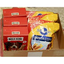 BOX OF MILK BONE AND PEDIGREE DOG TREATS