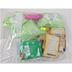 BAG OF BURTS BEES LIP BALM, SIMPLE FACIAL WIPES,