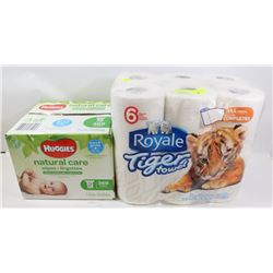 CASE OF HUGGIES NATURAL CARE WIPES AND 6 ROLL