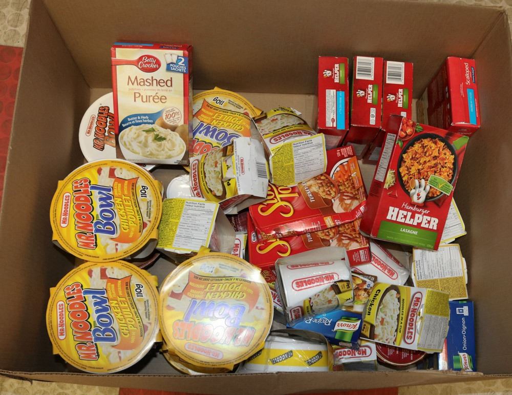BOX OF HAMBURGER HELPER, CUP NOODLES, AND MORE