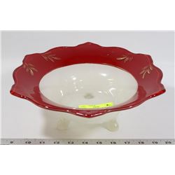 LARGE RED N WHITE 3 FOOTED BOWL