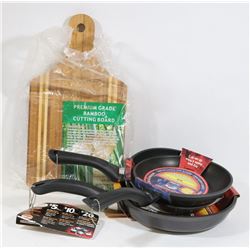 3 NEW WITH TAGS FRYING PANS AND NEW BAMBOO CUTTING