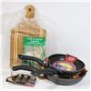 Image 1 : 3 NEW WITH TAGS FRYING PANS AND NEW BAMBOO CUTTING