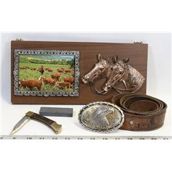 WESTERN LOT BUCK KNIFE WITH SHARPENER, BELT WITH