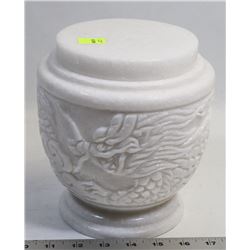 DRAGON CARVED WHITE STONE URN/ JAR