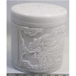 DRAGON CARVED WHITE STONE URN/ JAR