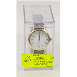 NEW SHAGWEAR WATCH, WHITE AND GOLD FACE, PURPLE