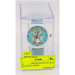 NEW SHAGWEAR WATCH, BLUE OWL FACE, BLUE STRAP